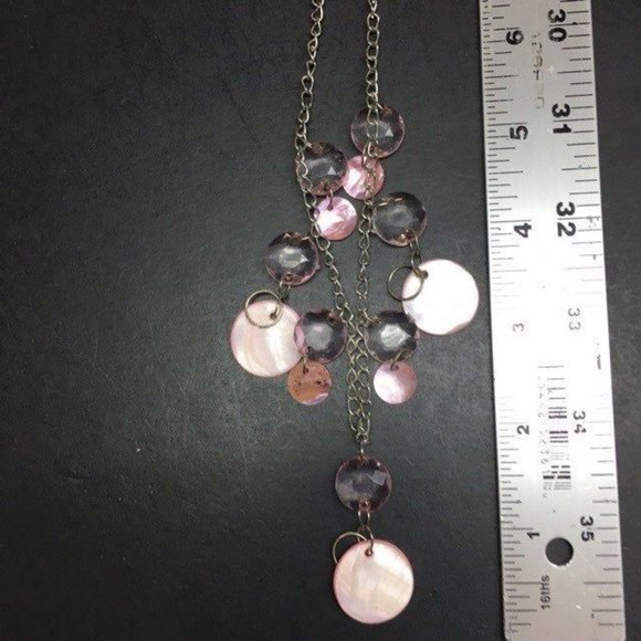 Pink Shell Necklace Mother Of Pearl Silver Chain Circle Faceted Crystal Dangles - Picture 6 of 6